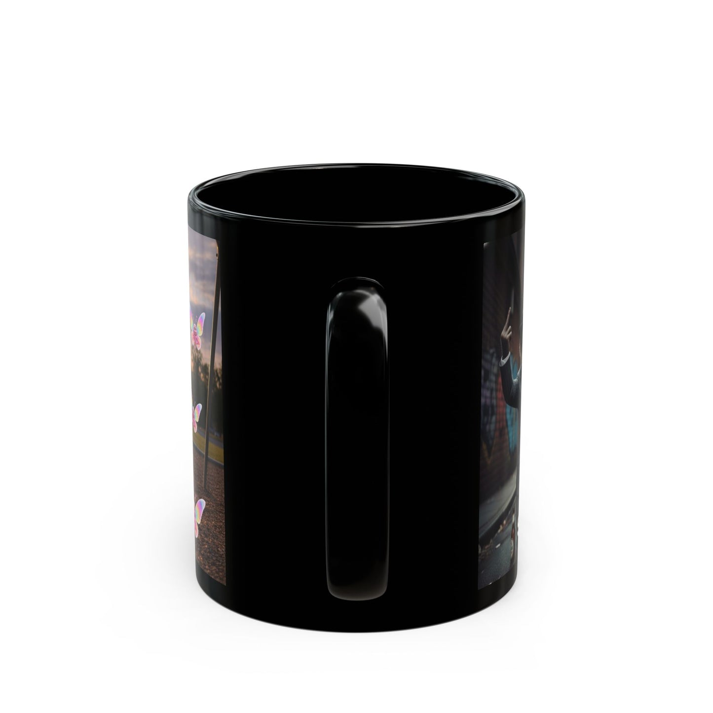 Black Ceramic Mug — Whimsical Butterfly Swing & Urban Monkey Design (11oz/15oz)