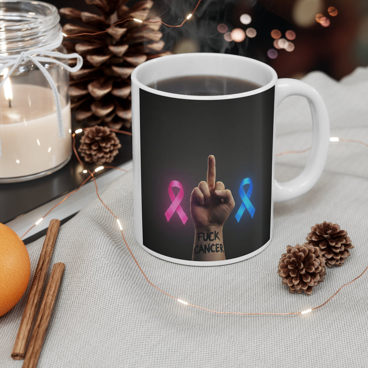 Mug — Fuck Cancer Fiery Heart Logo Coffee Mug with Pink Ribbon Accent