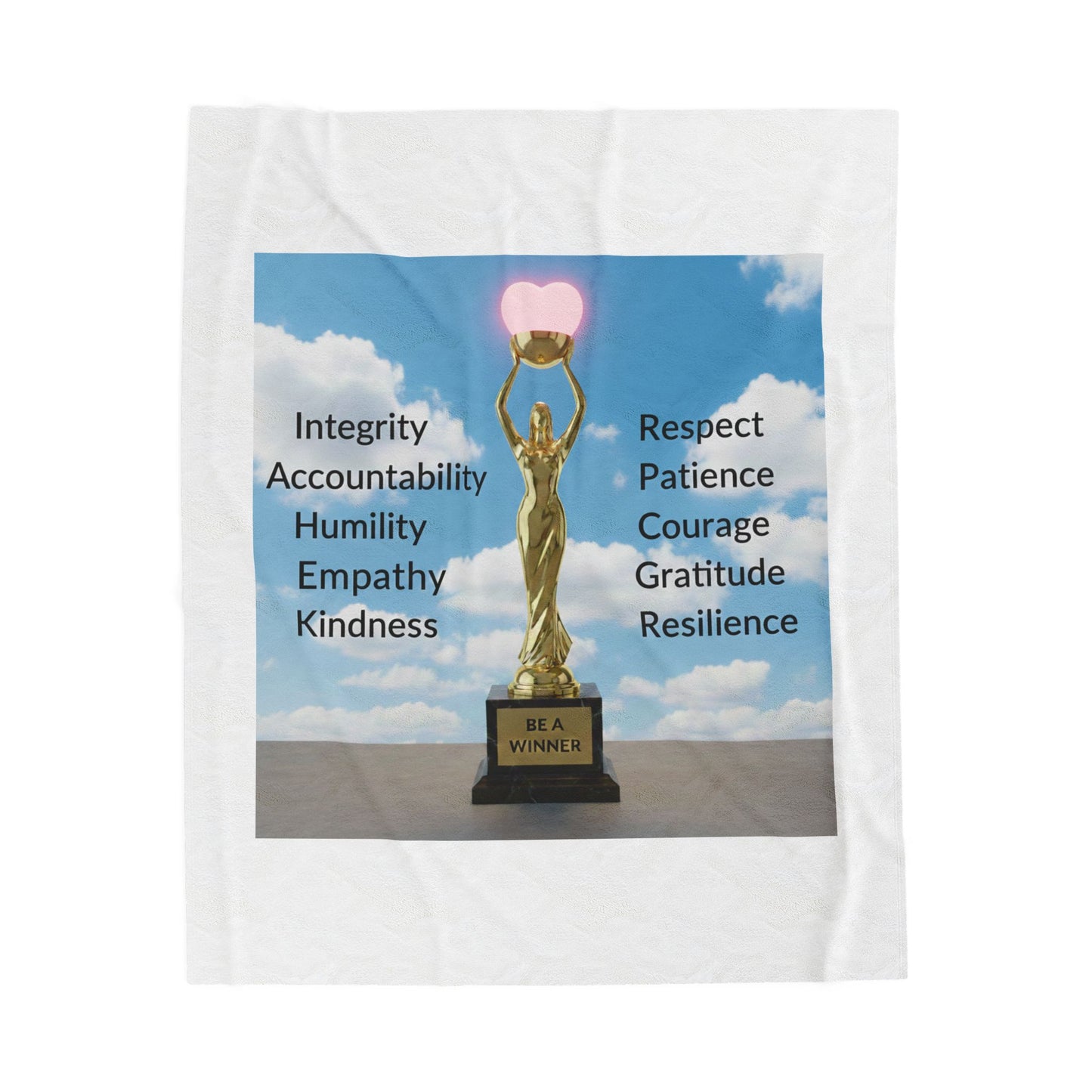 Velveteen Plush Blanket — 'Be a Winner' Inspiration Throw with Values Trophy (Integrity, Kindness, Resilience)