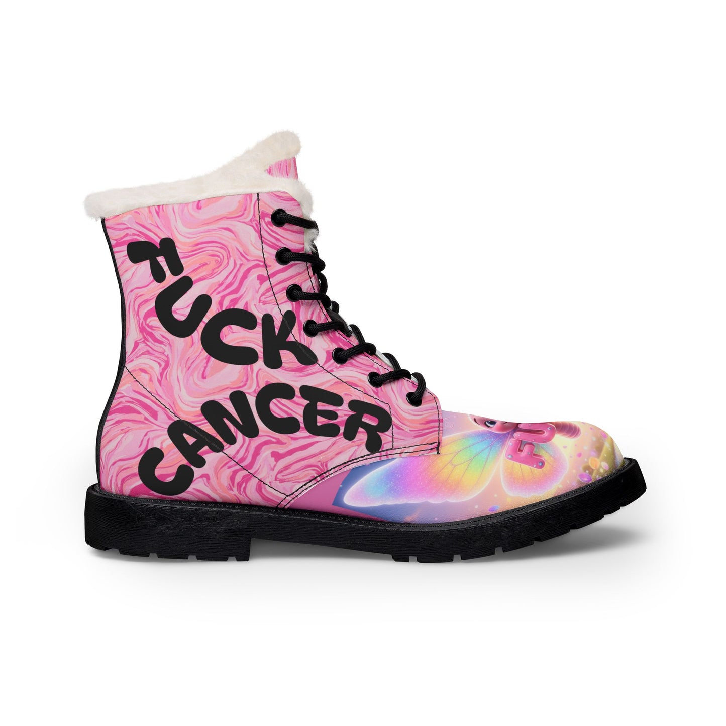 Women's 'F*ck Cancer' Pink Fur-Lined Leather Boots — Support Cancer Awareness