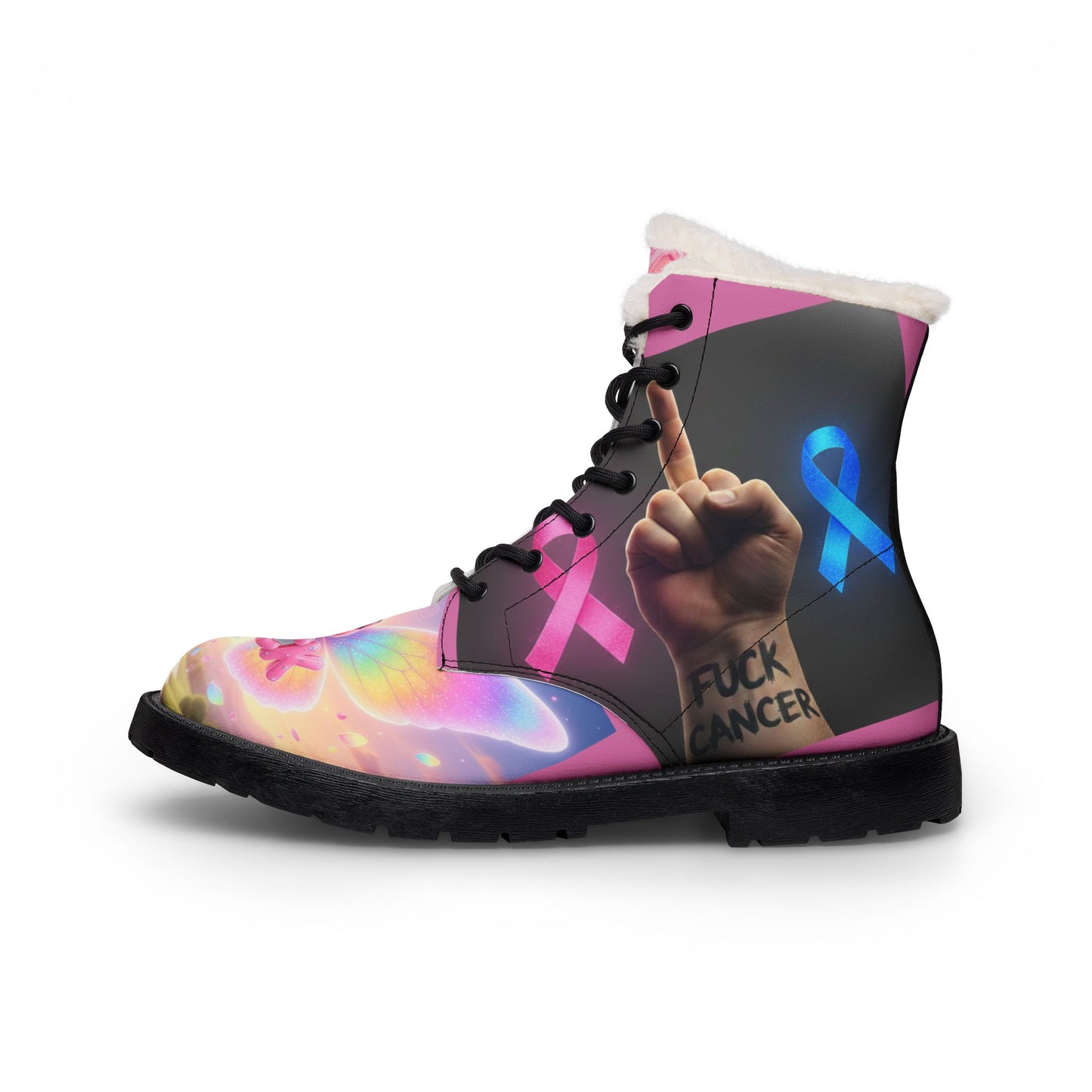Women's 'F*ck Cancer' Pink Fur-Lined Leather Boots — Support Cancer Awareness