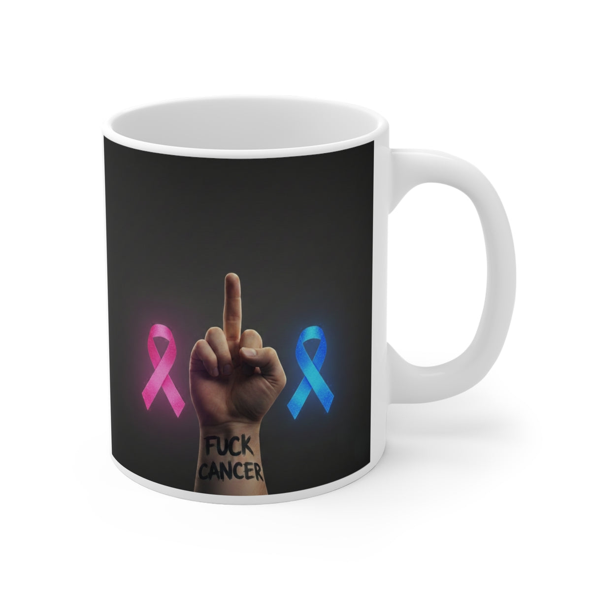 Mug — Fuck Cancer Fiery Heart Logo Coffee Mug with Pink Ribbon Accent