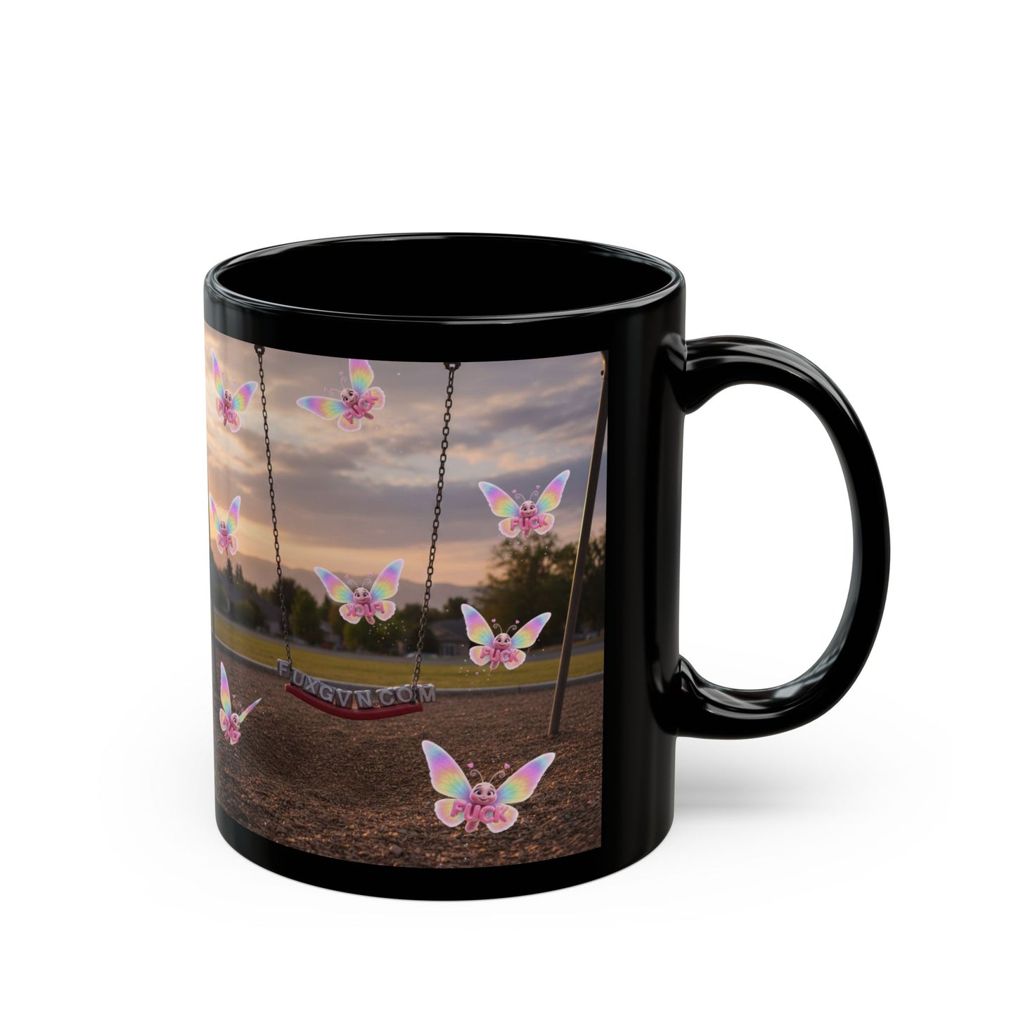 Black Ceramic Mug — Whimsical Butterfly Swing & Urban Monkey Design (11oz/15oz)
