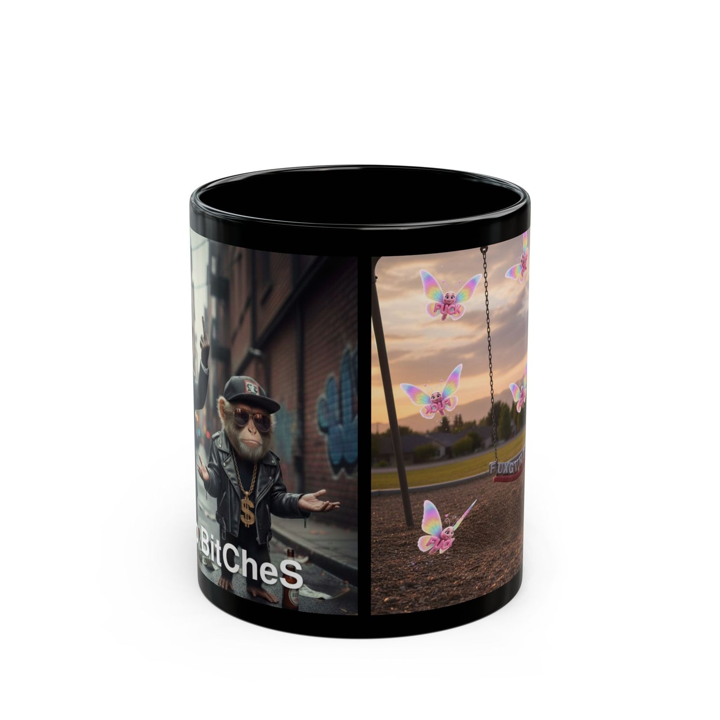 Black Ceramic Mug — Whimsical Butterfly Swing & Urban Monkey Design (11oz/15oz)