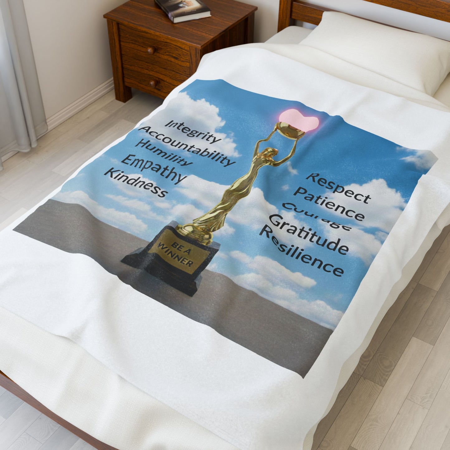 Velveteen Plush Blanket — 'Be a Winner' Inspiration Throw with Values Trophy (Integrity, Kindness, Resilience)