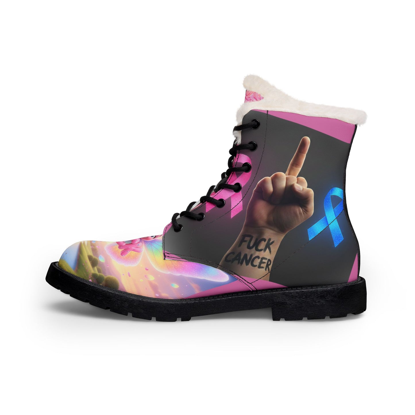 Women's 'F*ck Cancer' Pink Fur-Lined Leather Boots — Support Cancer Awareness
