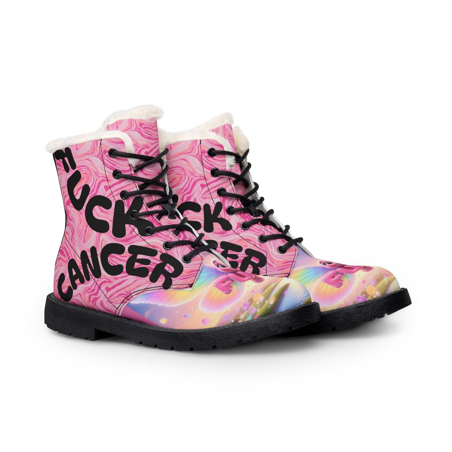 Women's 'F*ck Cancer' Pink Fur-Lined Leather Boots — Support Cancer Awareness