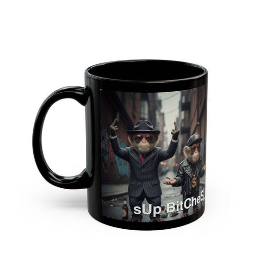 Black Ceramic Mug — Whimsical Butterfly Swing & Urban Monkey Design (11oz/15oz)